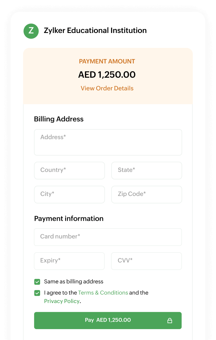 Zoho Billing - Hosted Payment Pages A checkout page to collect customers' payment information securely | Zoho Billing