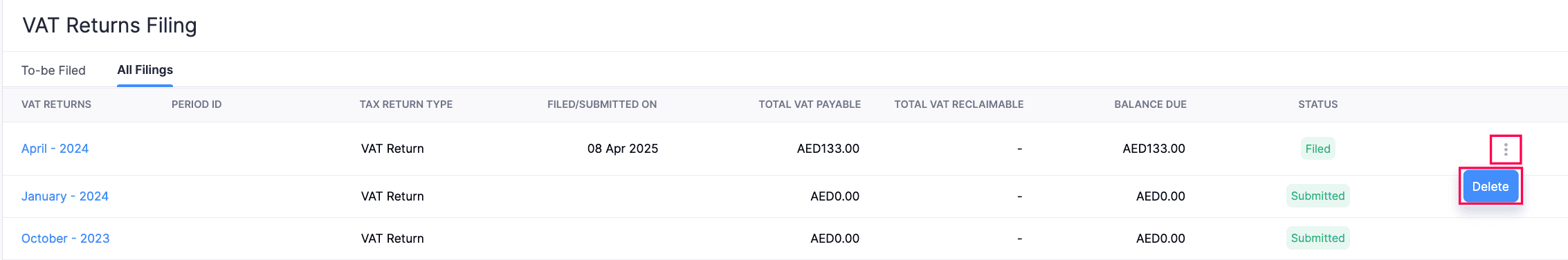 Delete VAT Returns