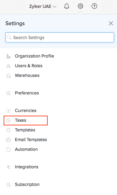 Taxes option under Settings