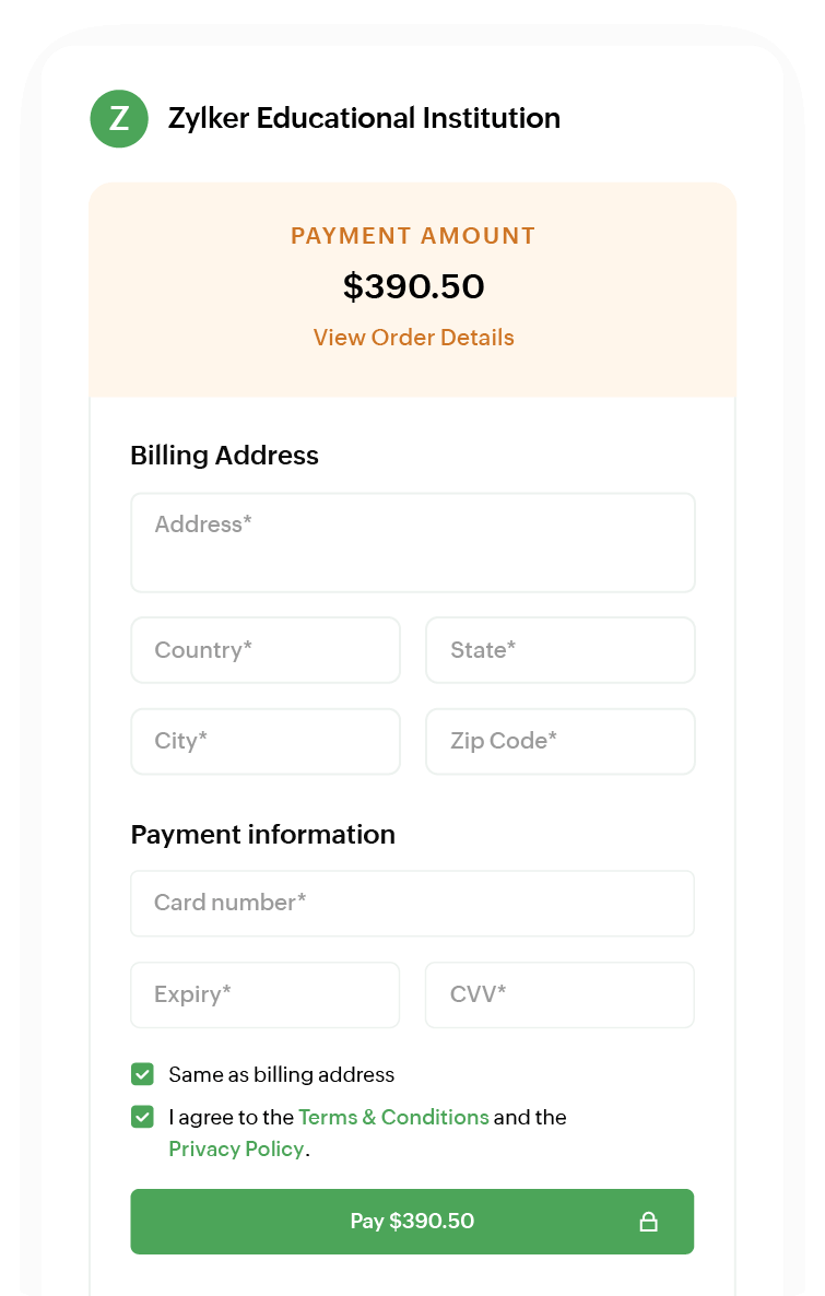 Zoho Billing - Hosted Payment Pages A checkout page to collect customers' payment information securely | Zoho Billing