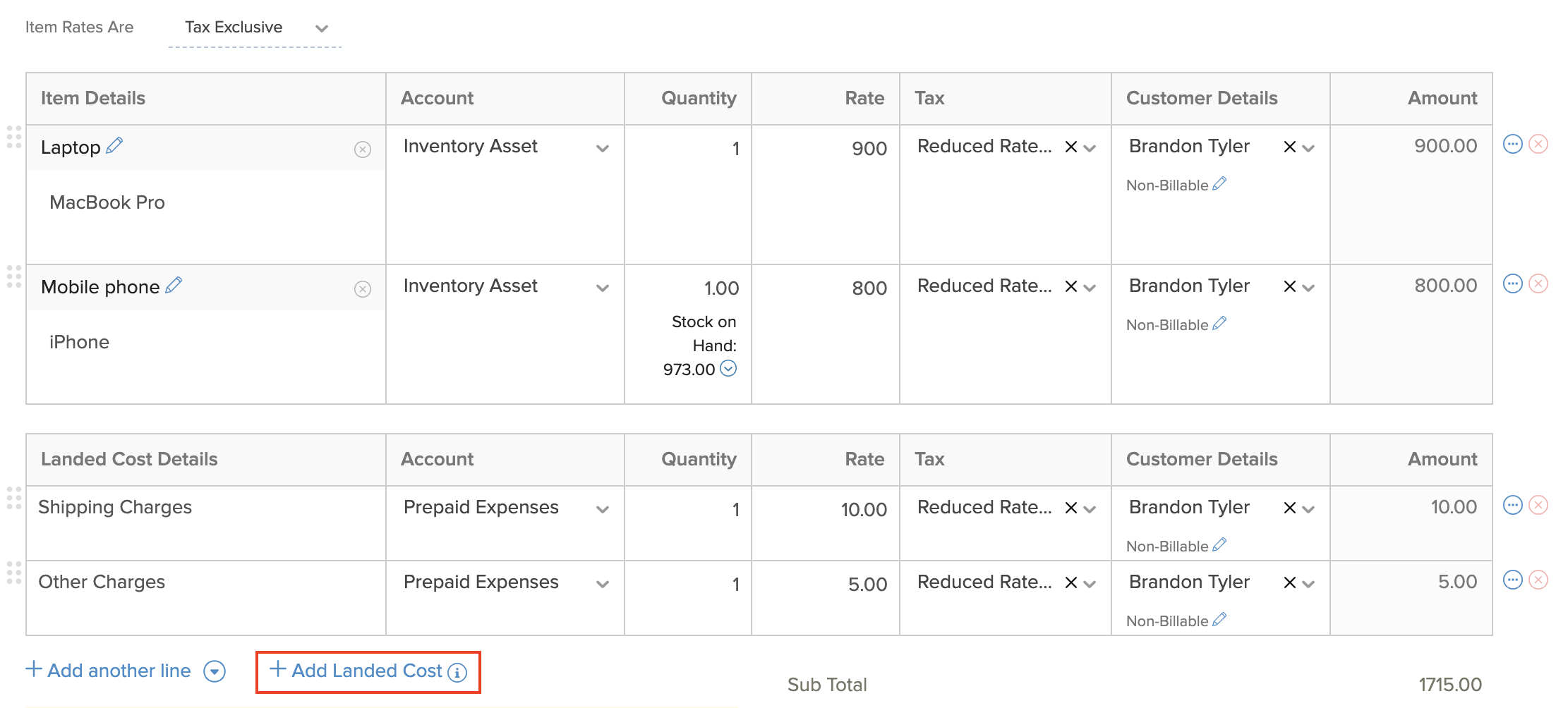 Landed Costs in Bills