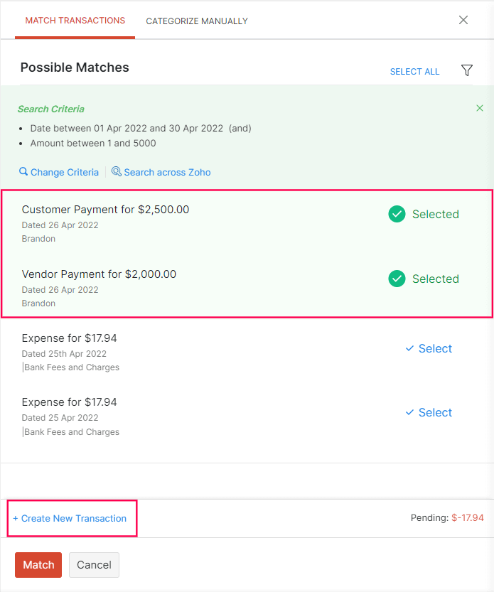 Matched Transactions