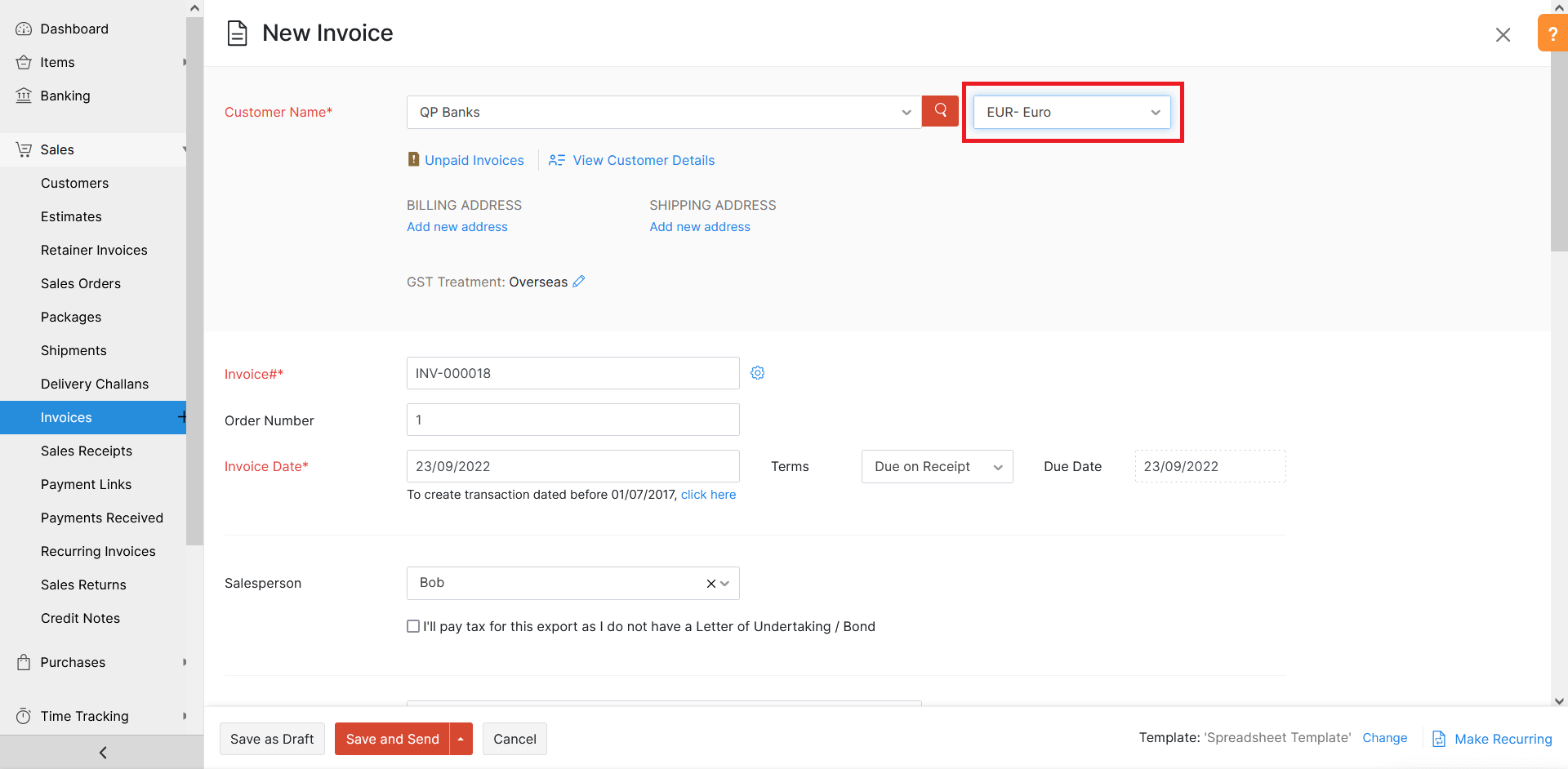 Creating a transaction using a different currency