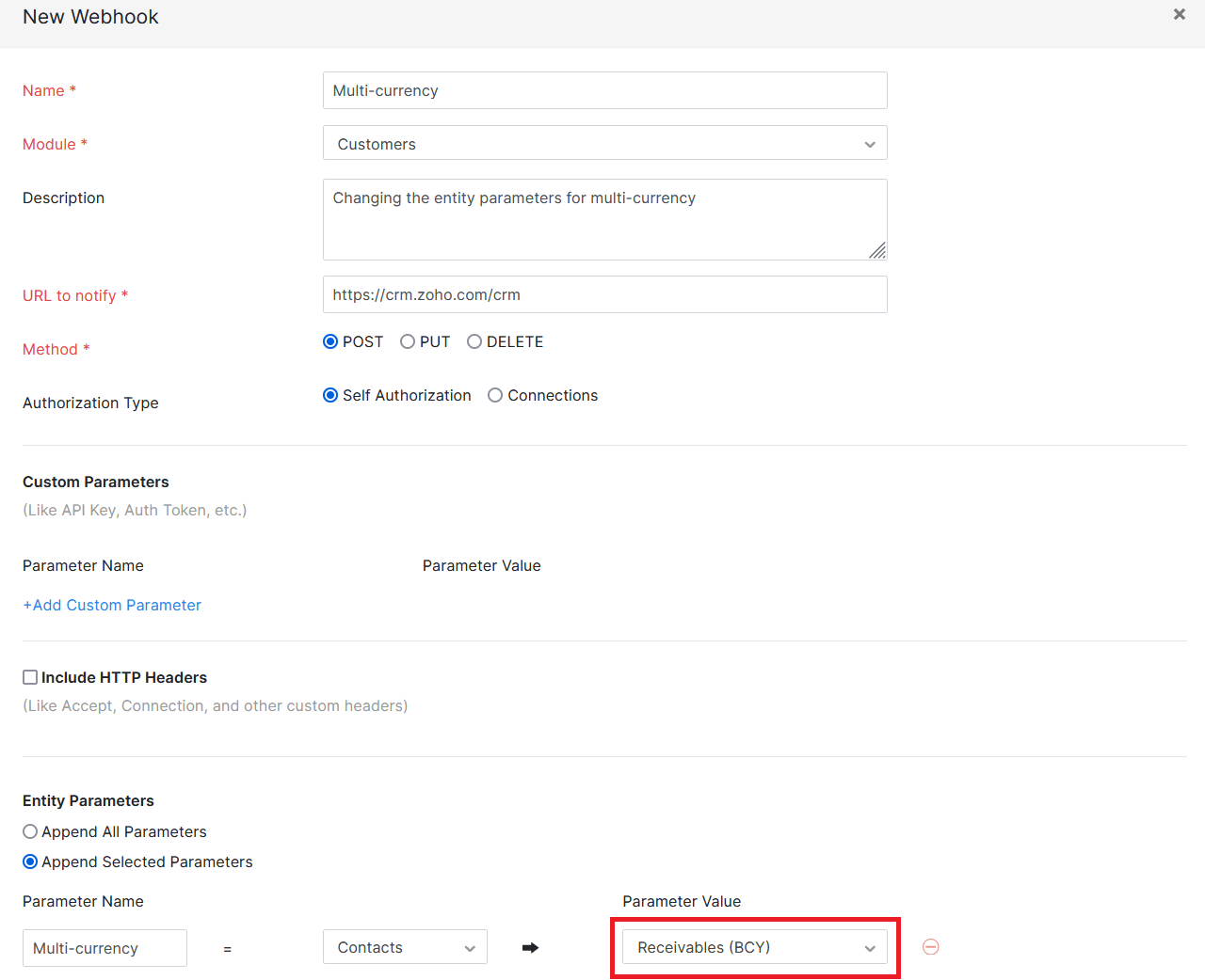 Changing the webhook entity parameters for multi-currency