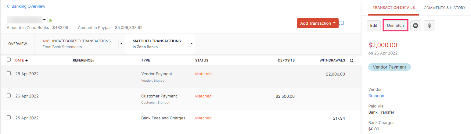 Unmatch Transactions
