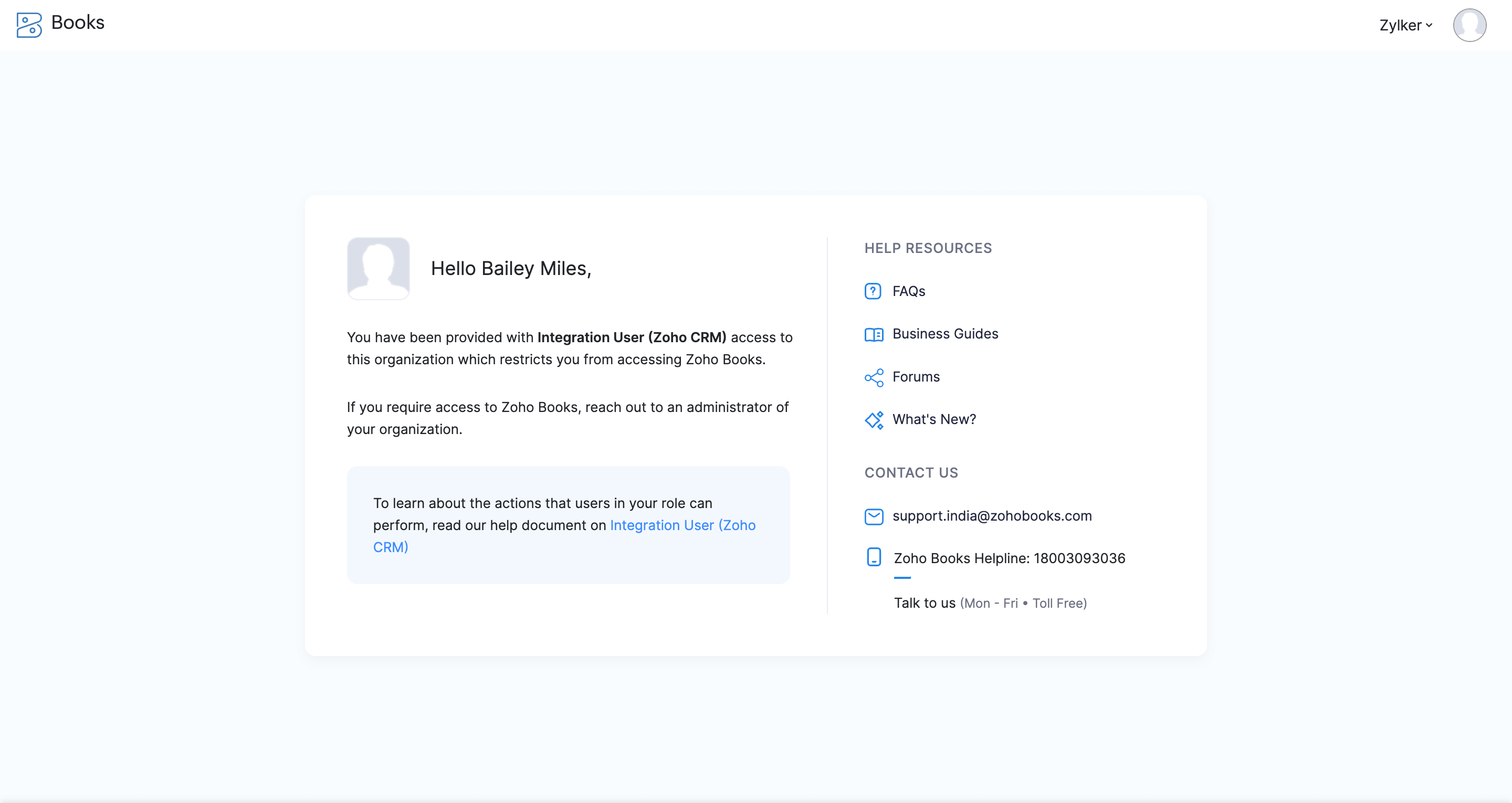 Page displayed in Zoho Books for Integration User (Zoho CRM) users
