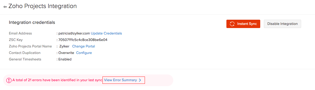 Zoho Projects Error Summary