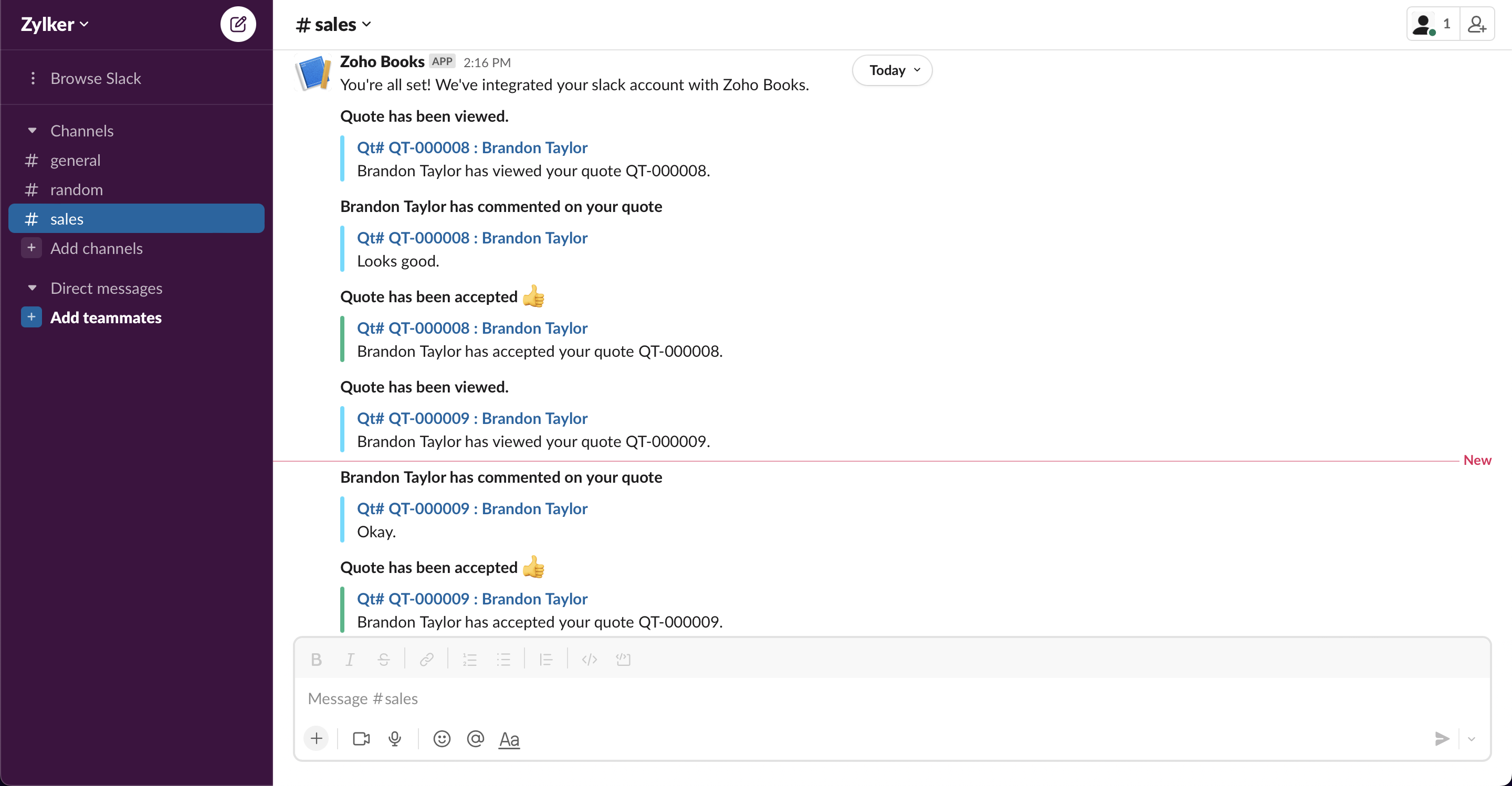 Slack integration view