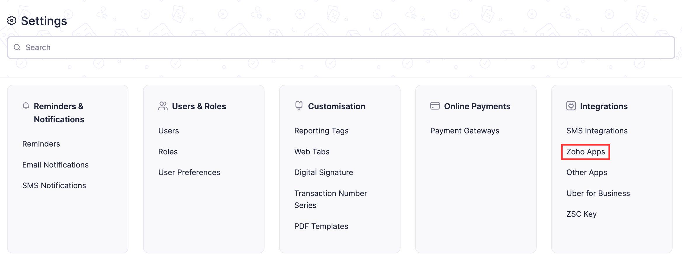 Select Zoho Apps under Integrations