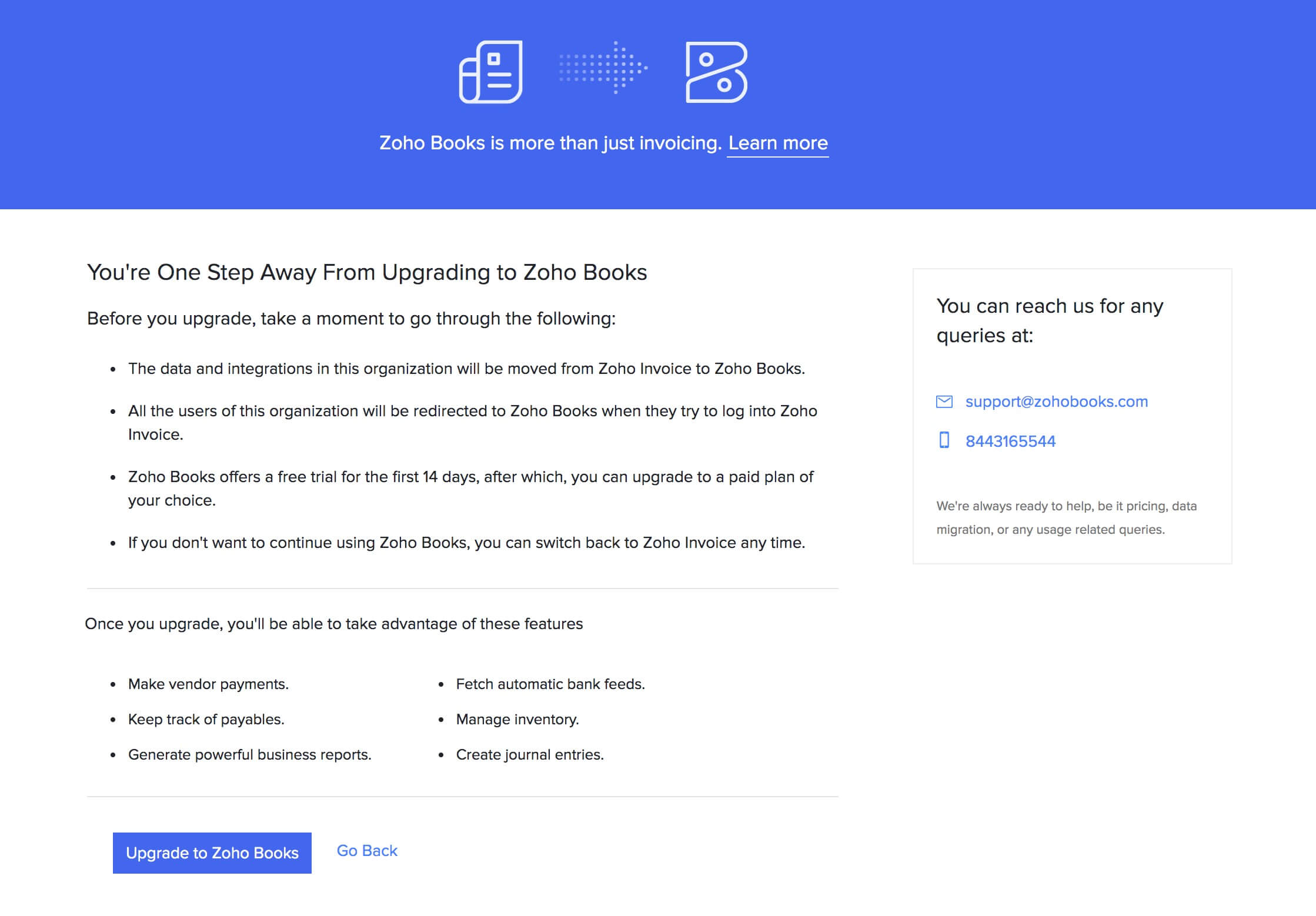 Upgrade to Zoho Books