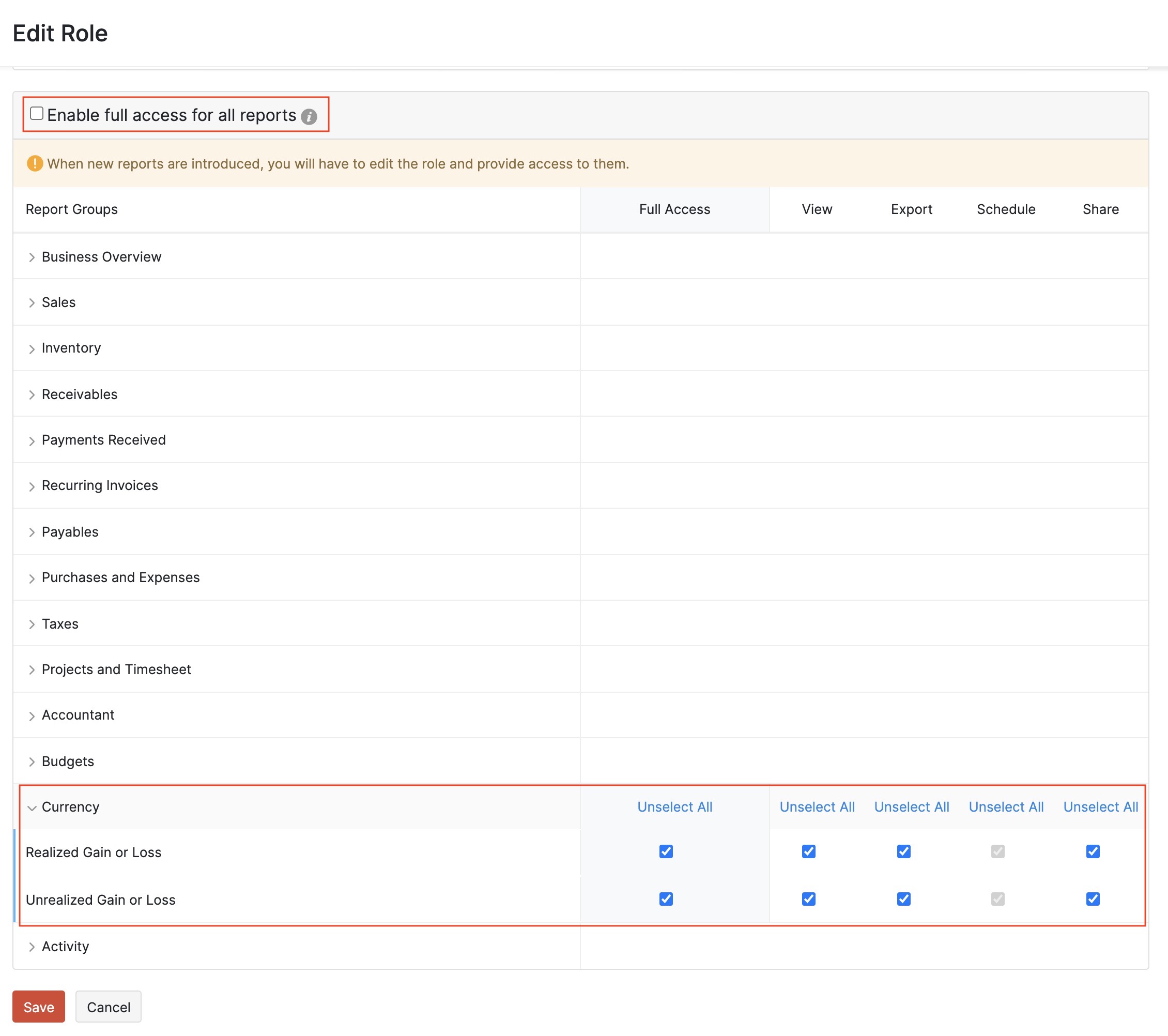 Edit Role's Report Permissions