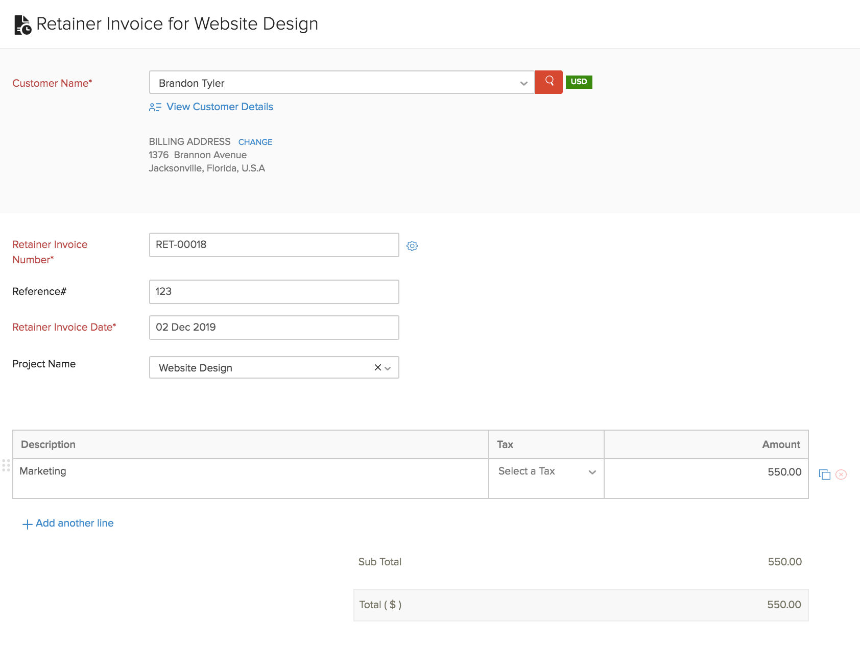 Create Retainer Invoice