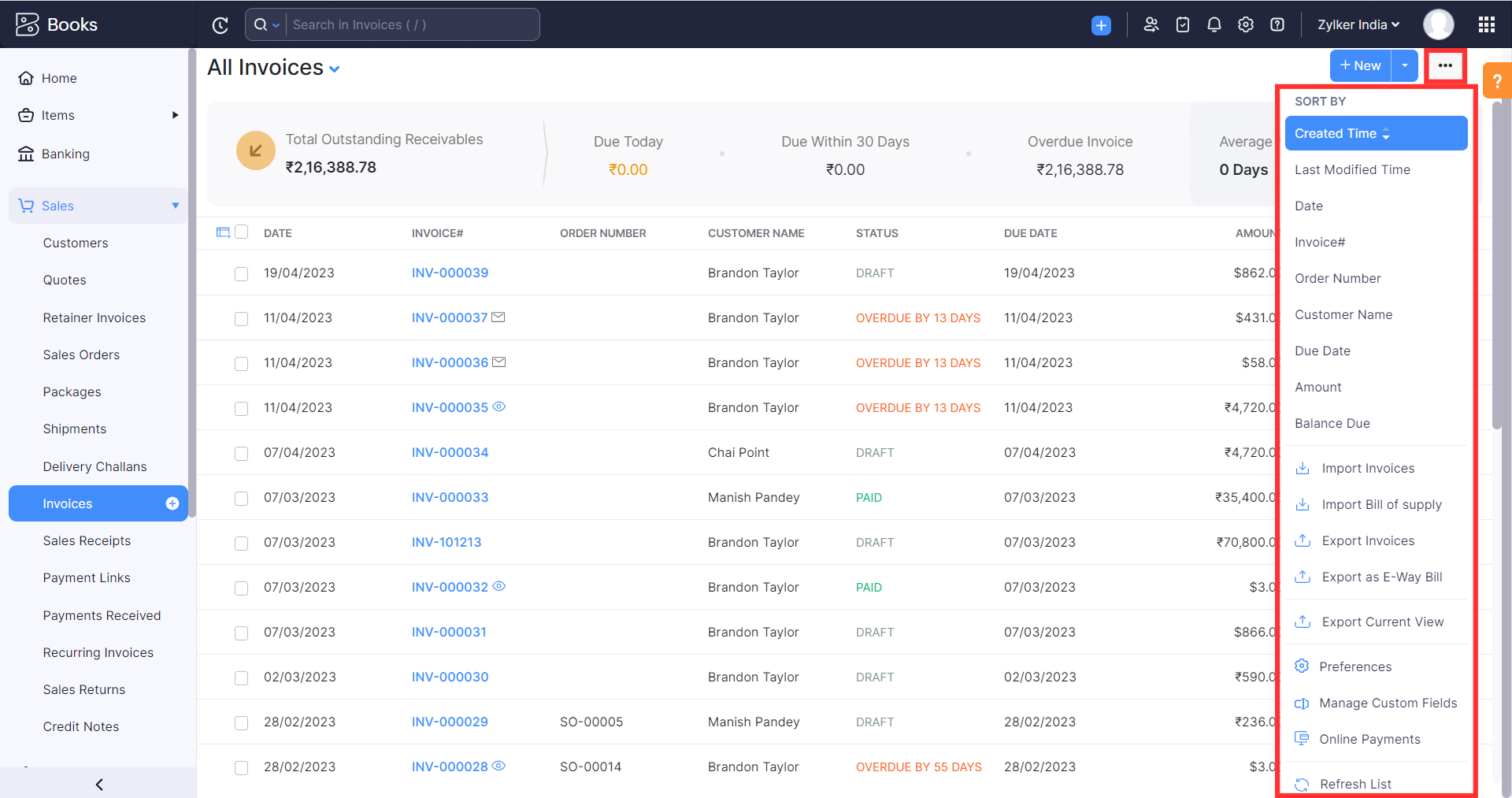 Sort invoices