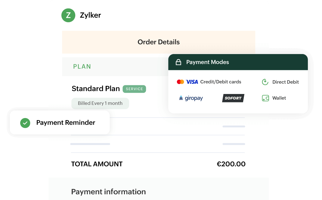 Zoho Billing - Payment Handling Payment collections through convenient and secure payment modes| Zoho Billing