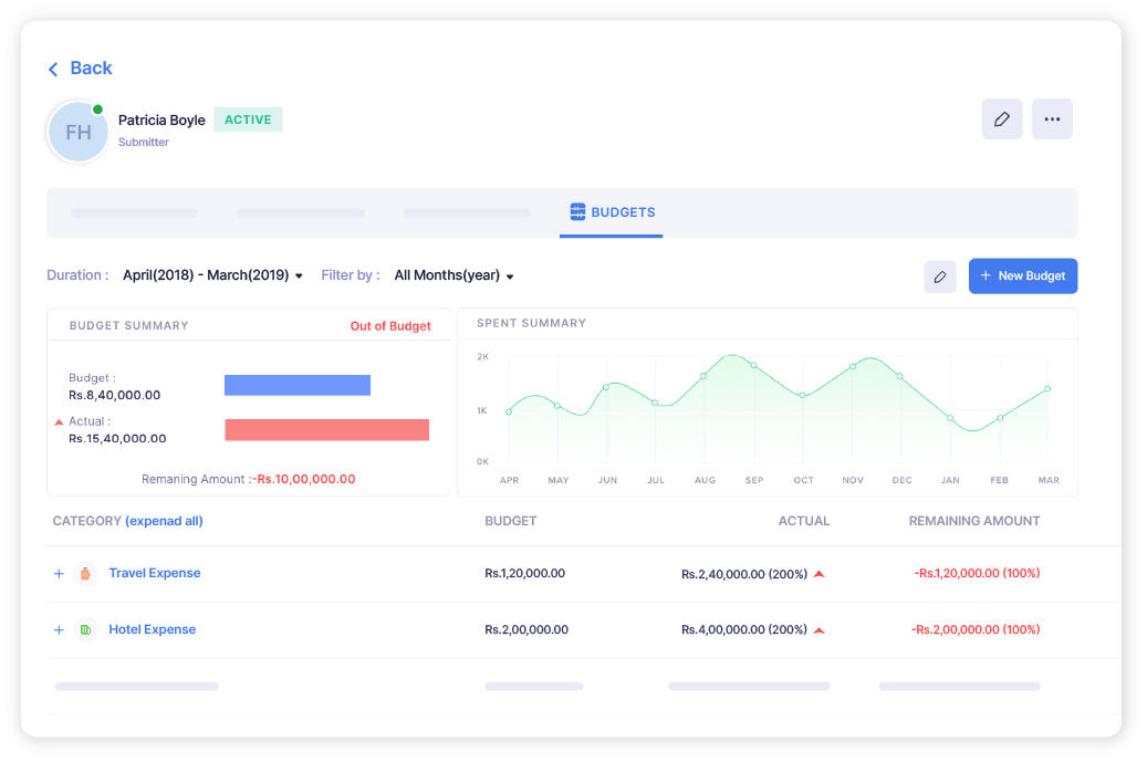 Screenshot of budgets vs actuals report