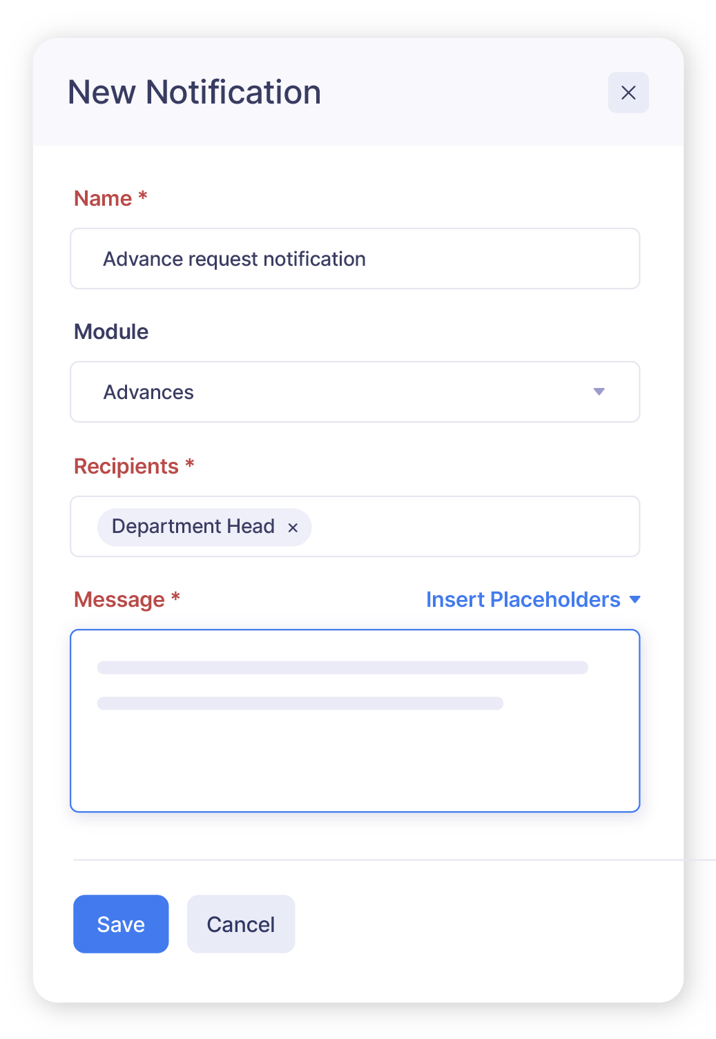Screenshot of an in-app notification creation