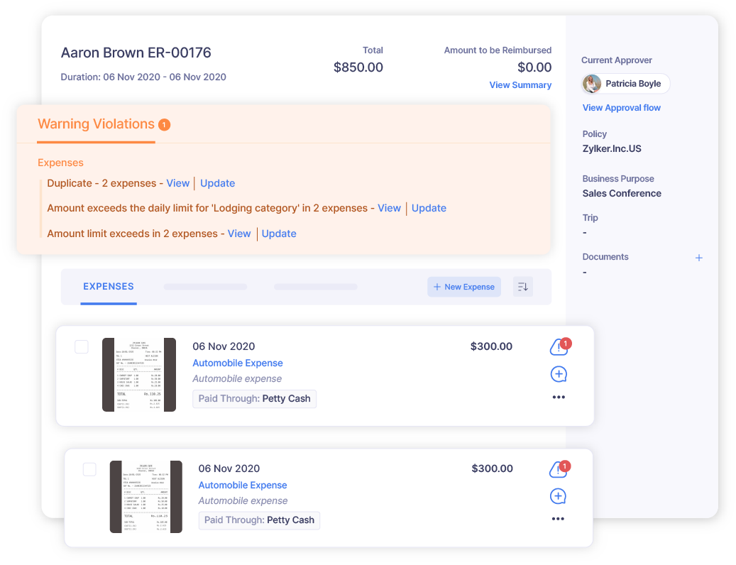 Expense report audit screen flagging the violations