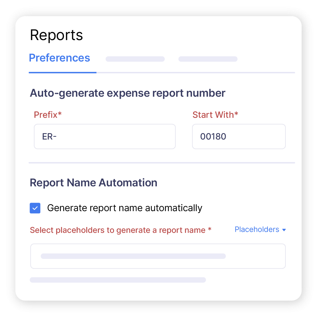 Expense report management software screen showing the auto-generated expense report name and number