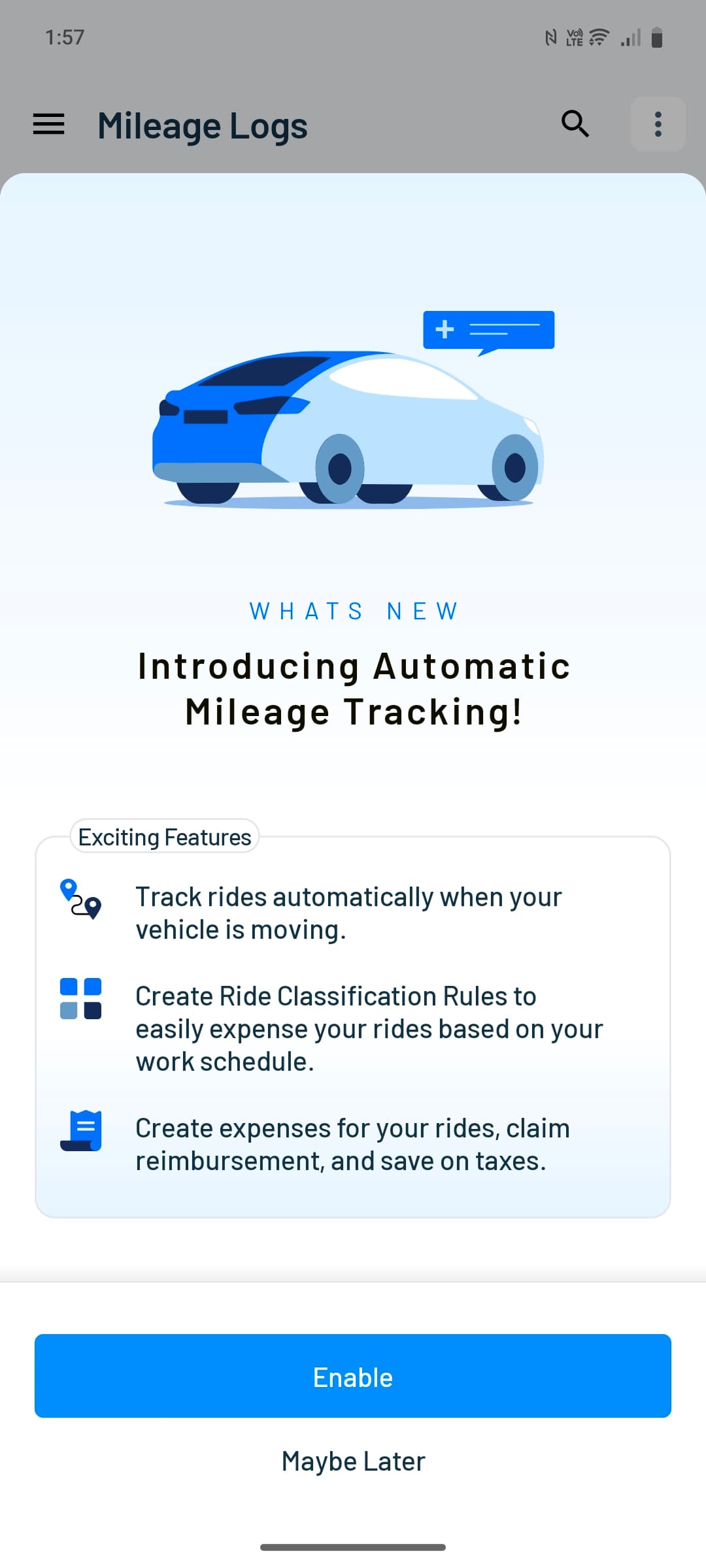Tap Automatic Mileage Tracking