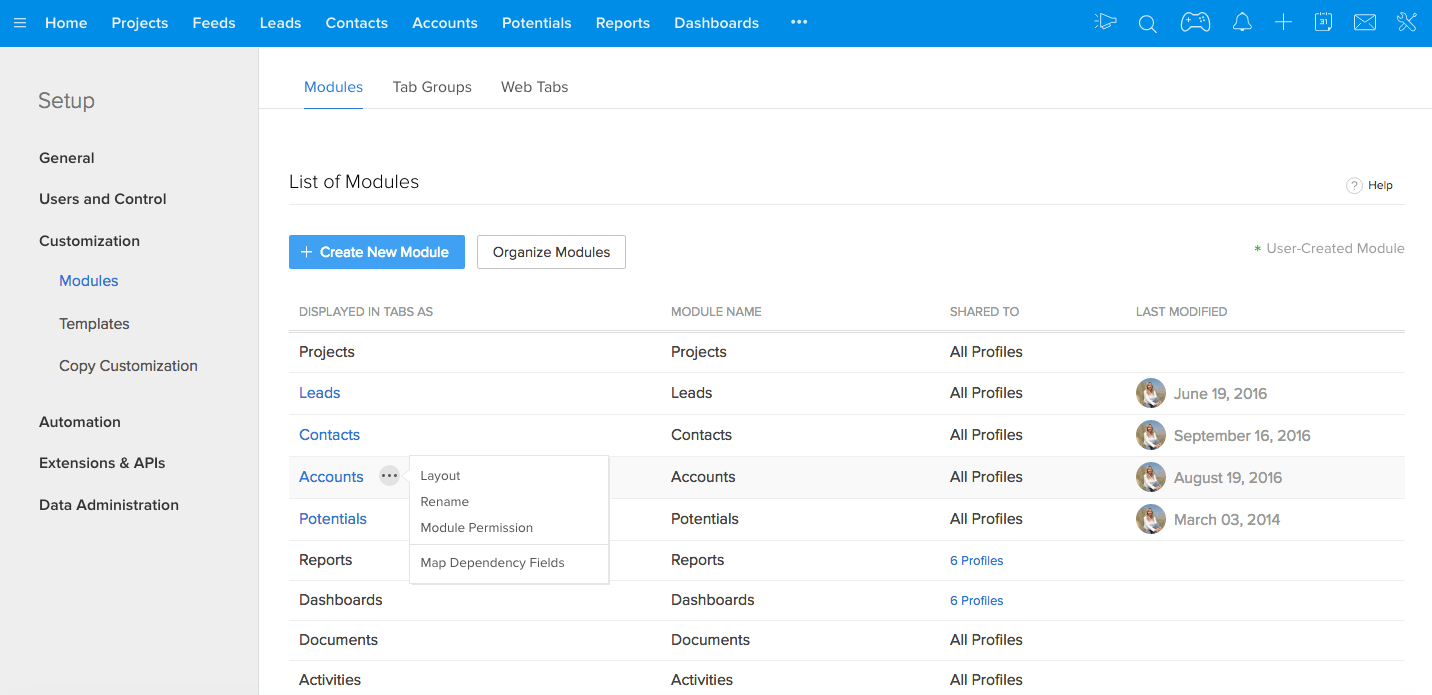 Edit module layouts in CRM