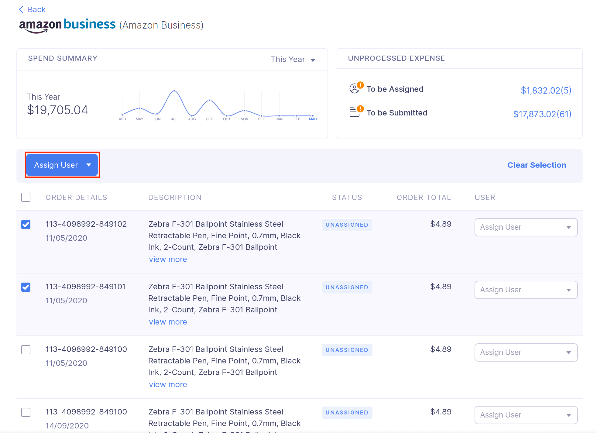 Bulk assign expenses to users