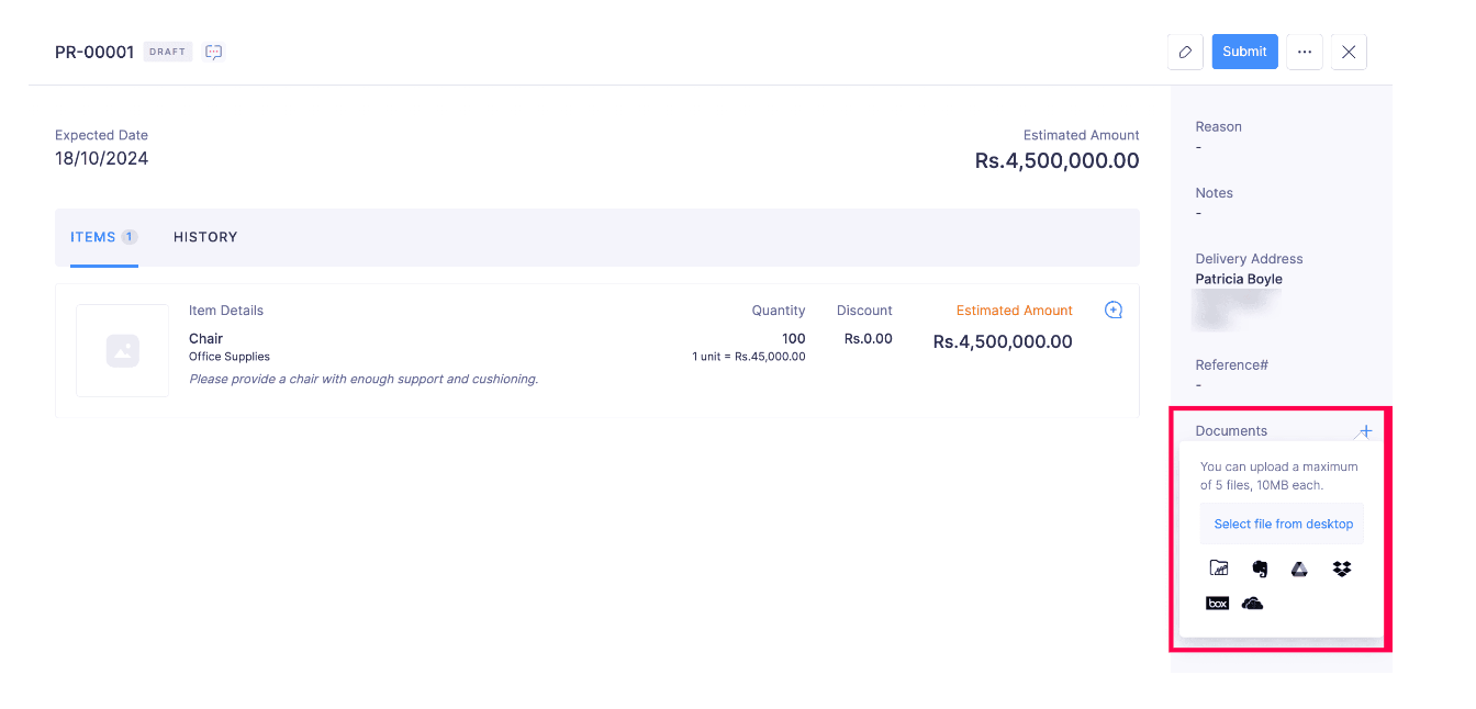 Attach document to purchase request