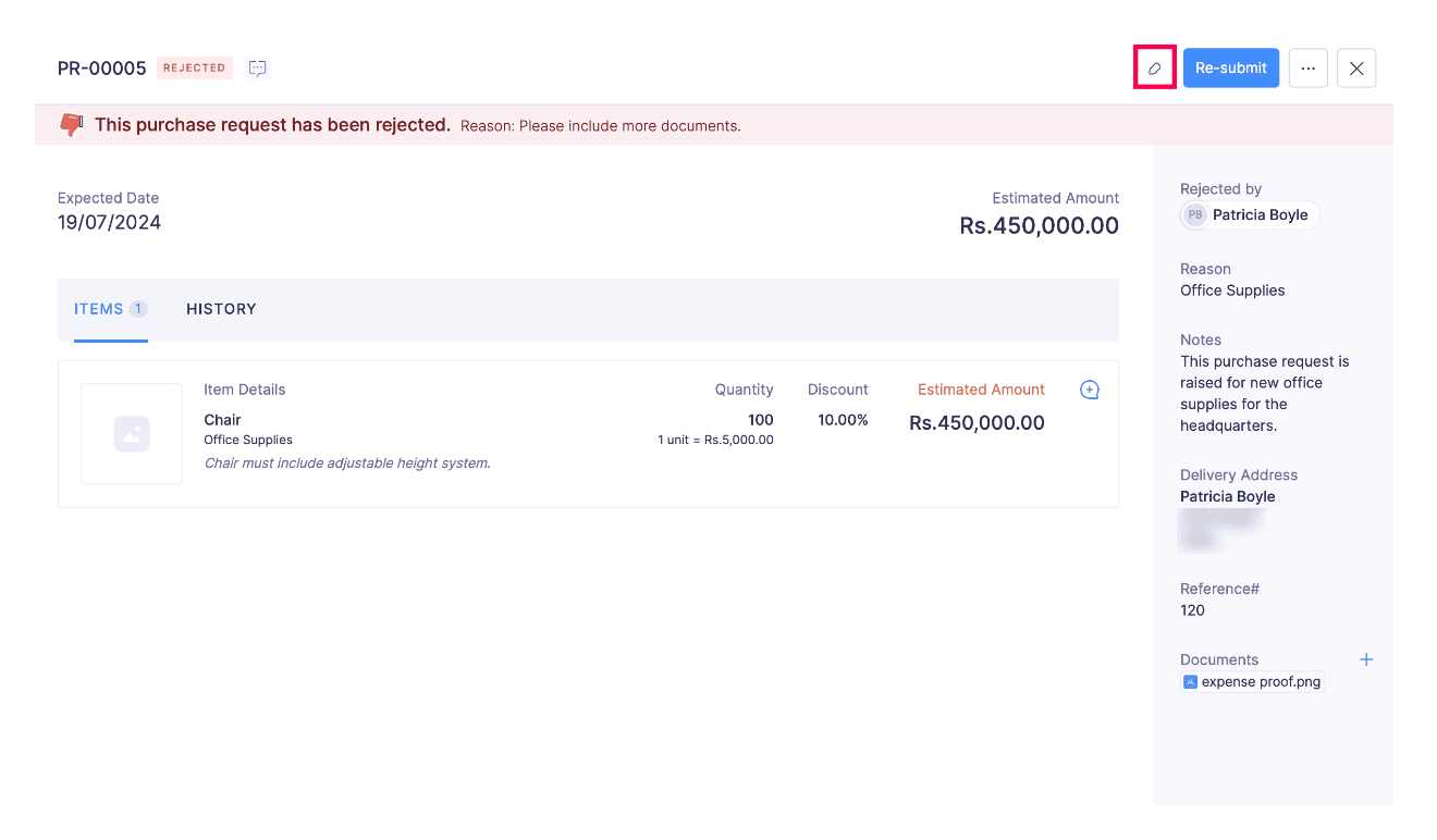 Submit a Rejected Purchase Request