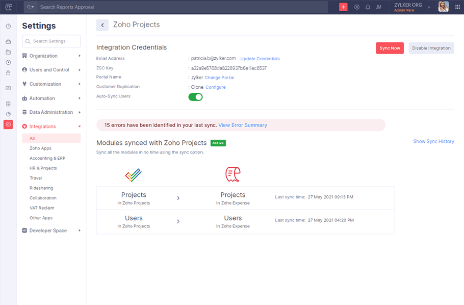 Set up the integration - Project expense tracking - Zoho Expense