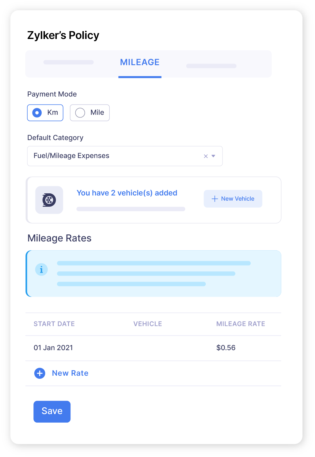 Zoho Expense screen for different mileage rates