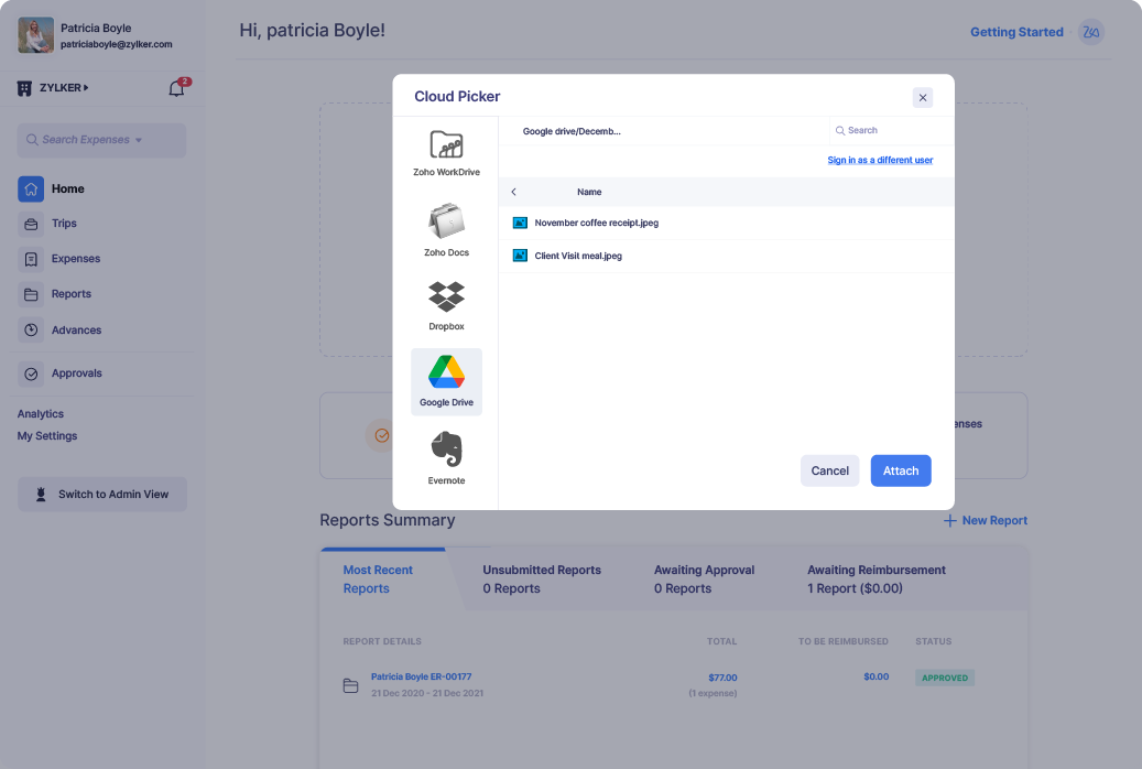 Screen showing different cloud solutions to add receipts from