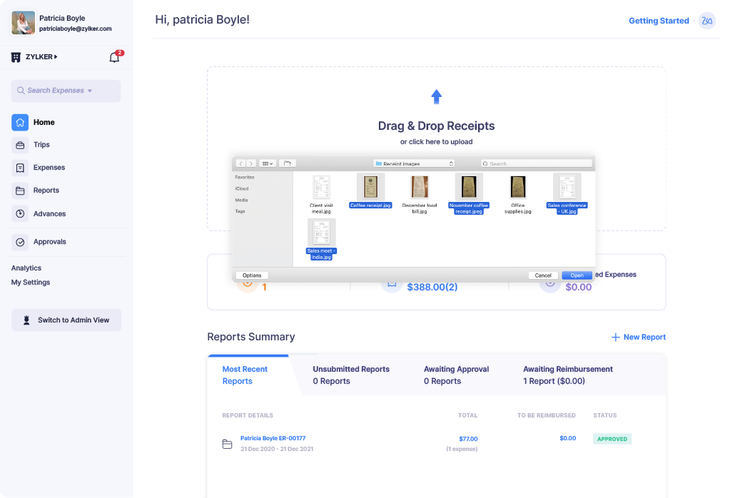 Zoho Expense screen of receipts being added in bulk