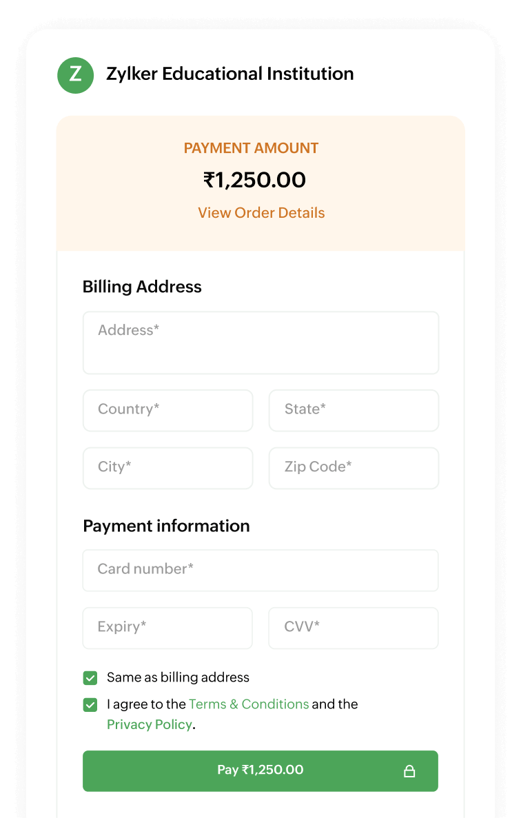 Zoho Billing - Hosted Payment Pages A checkout page to collect customers' payment information securely | Zoho Billing