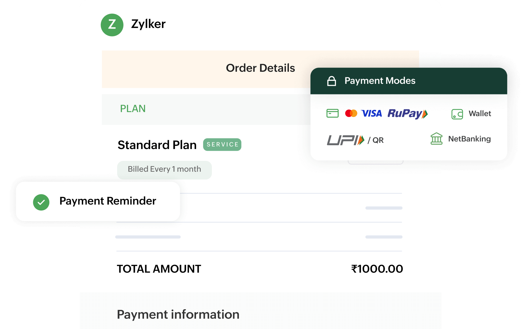 Zoho Billing - Payment Handling Payment collections through convenient and secure payment modes| Zoho Billing