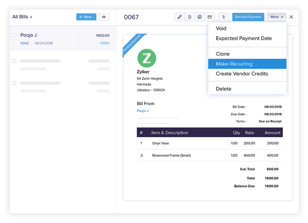 Recurring Bills - Online Billing Management Software | Zoho Books