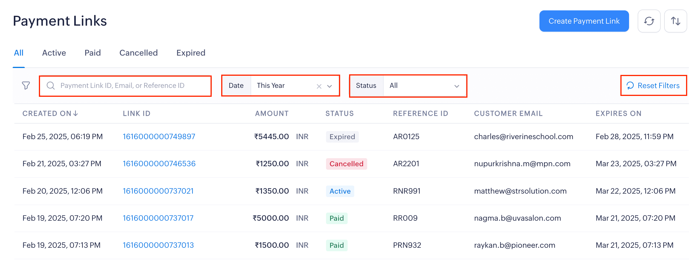 Search and Filter Payment Links