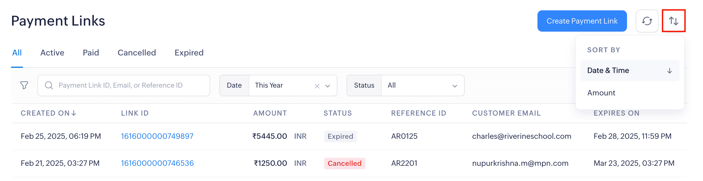 Sort and View Payment Links