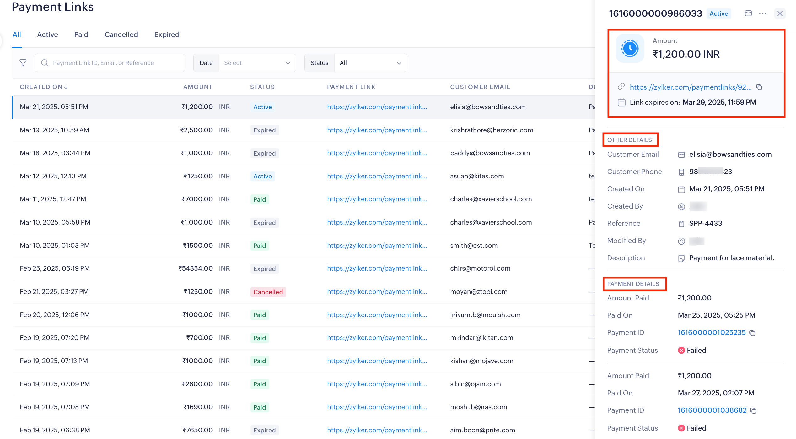 View the generated payment link
