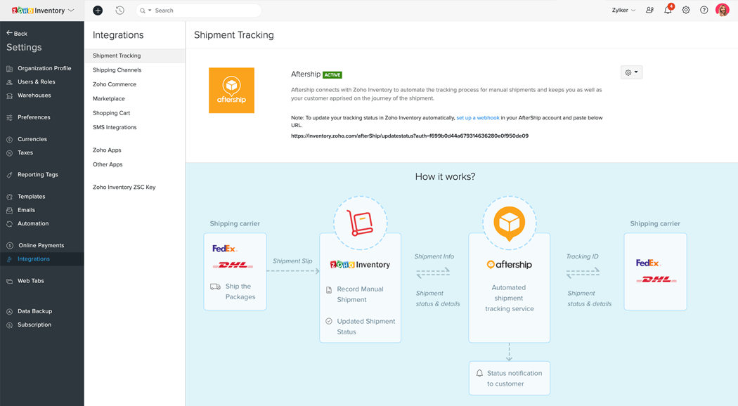 Image embedded with the video of Zoho Inventory and Aftership integration