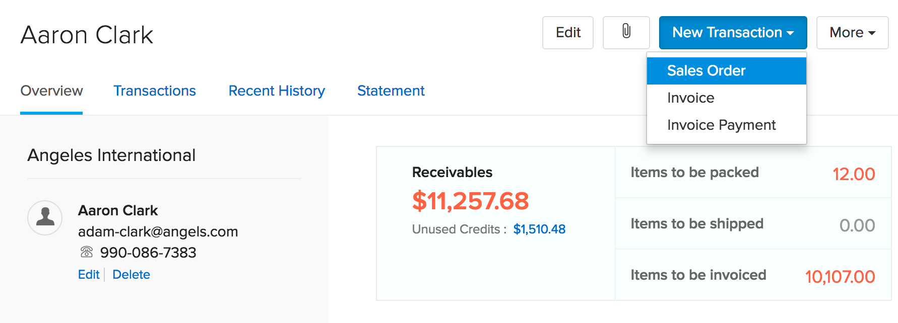 Choosing sales order option from transaction dropdown