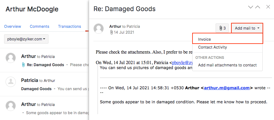 Zoho Mail - Add Mail to Invoice