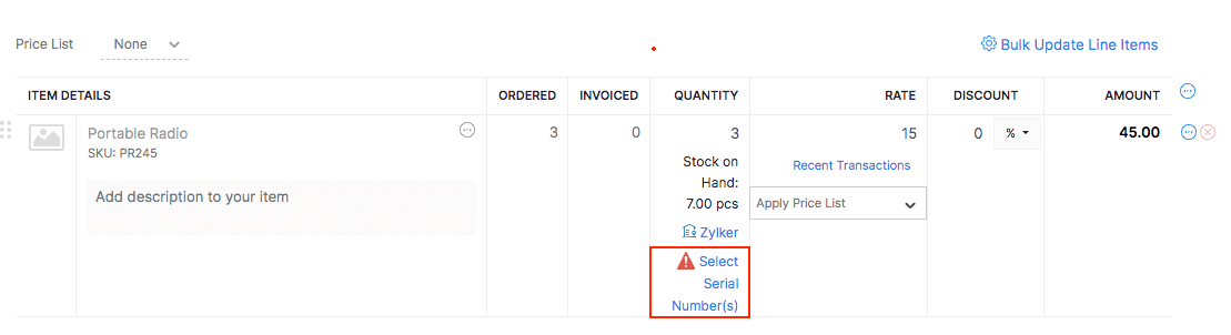 Invoice with serial numbers 1