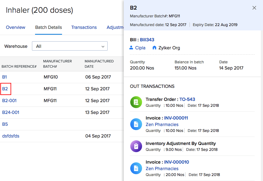 Transaction history of a batch number in the items page