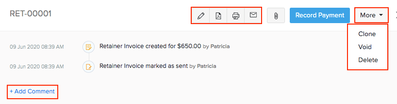 Retainer Invoice - More Actions