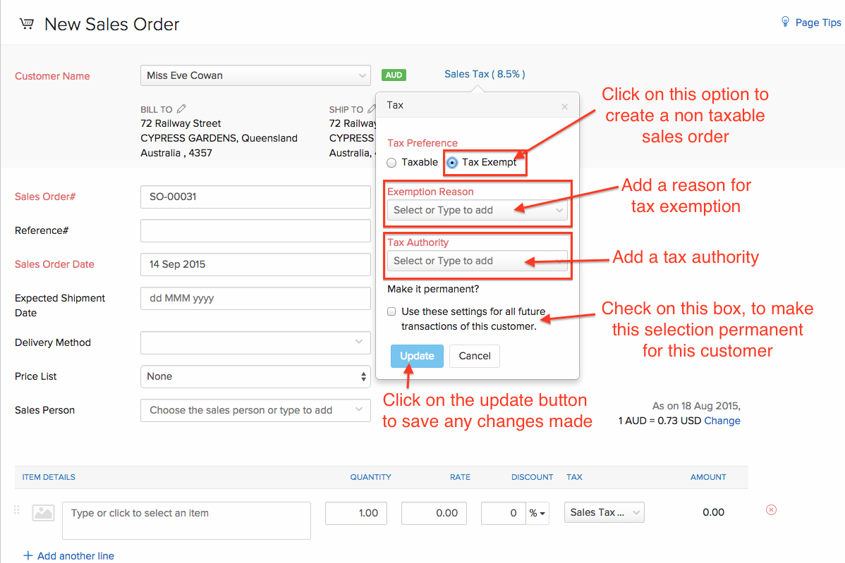 Exempting a sales order from tax