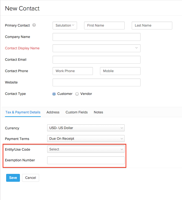 Entity code/exemption number for contacts