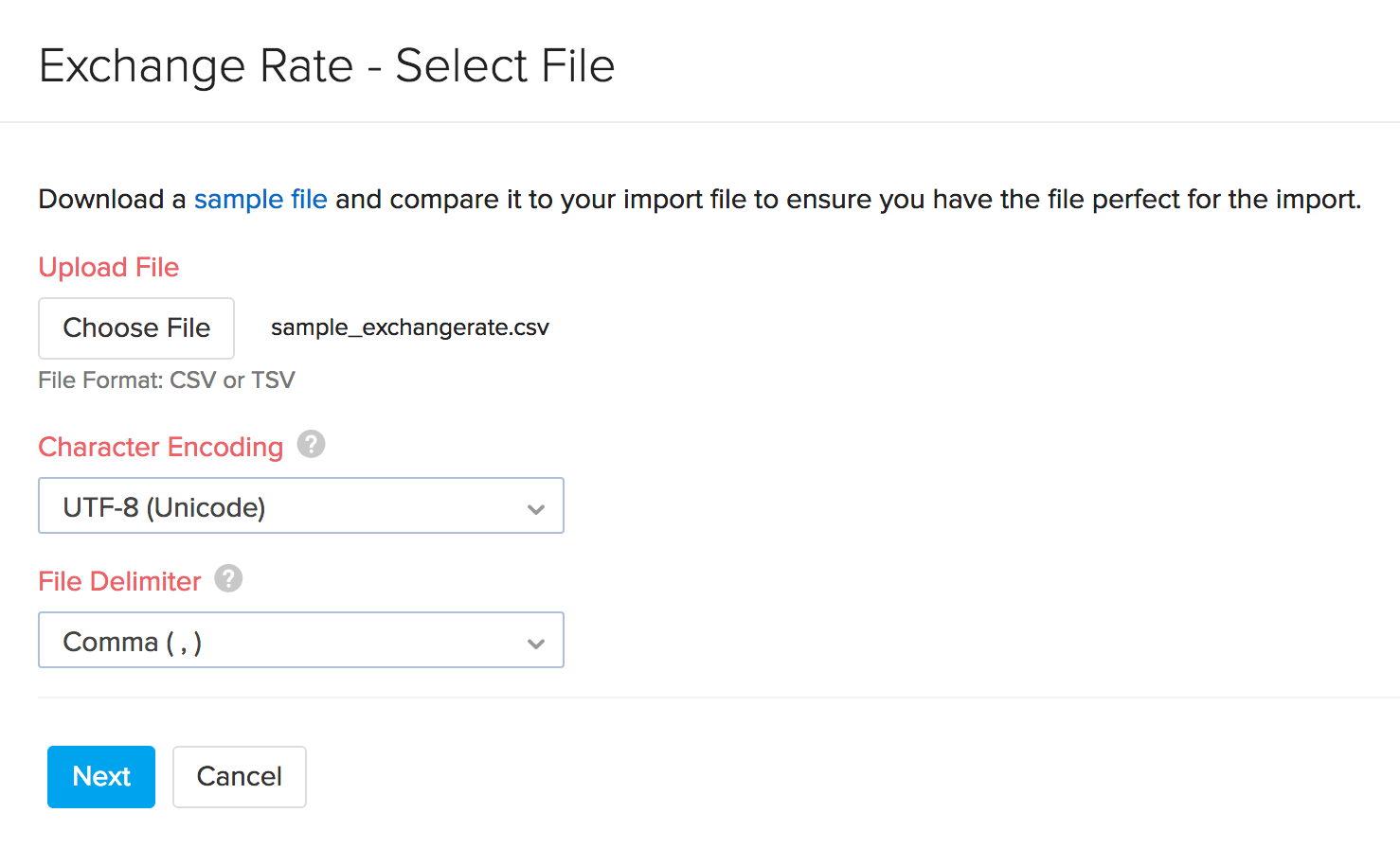 Screenshot for importing exchange rates