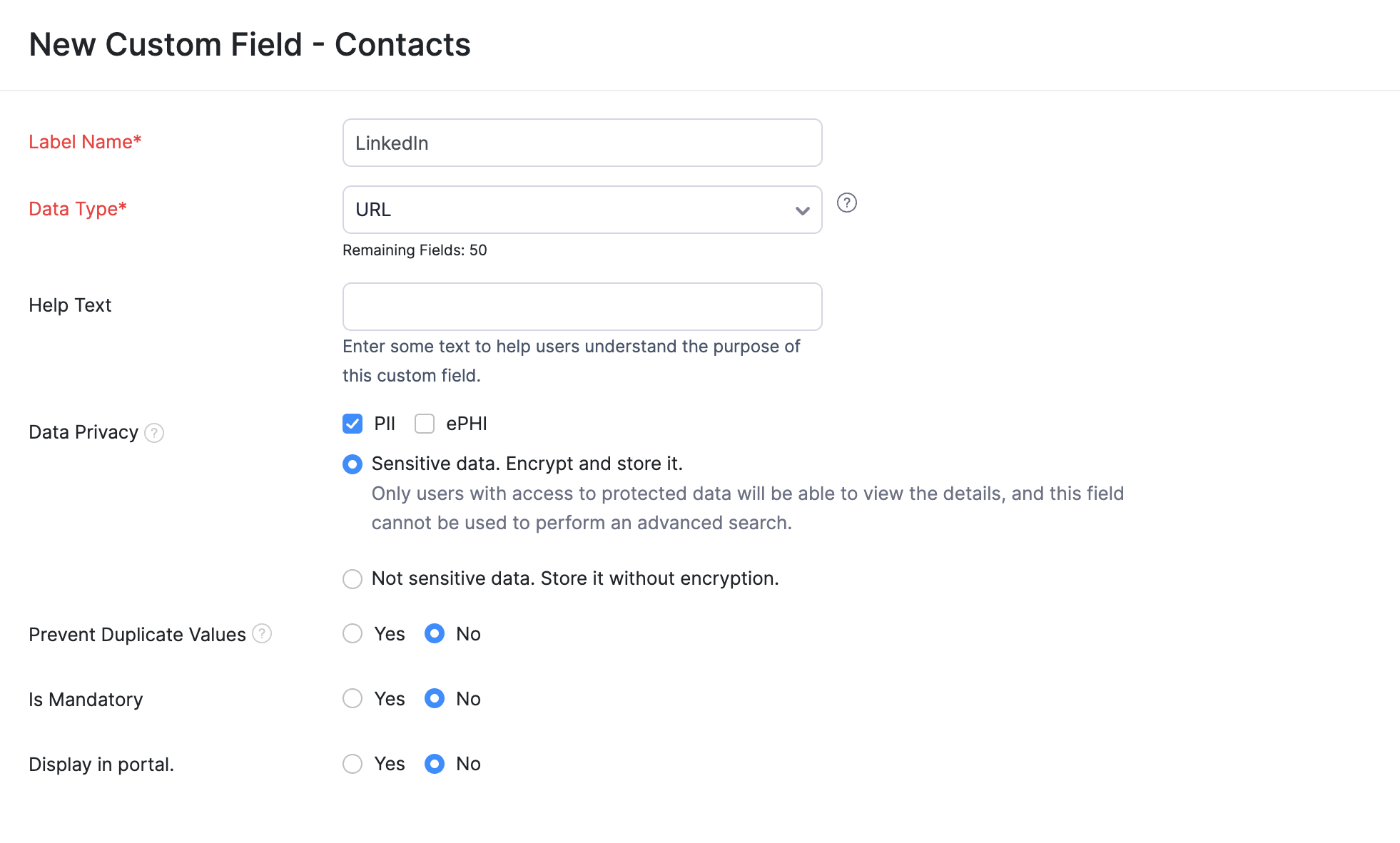 Creating PII sensitive custom field