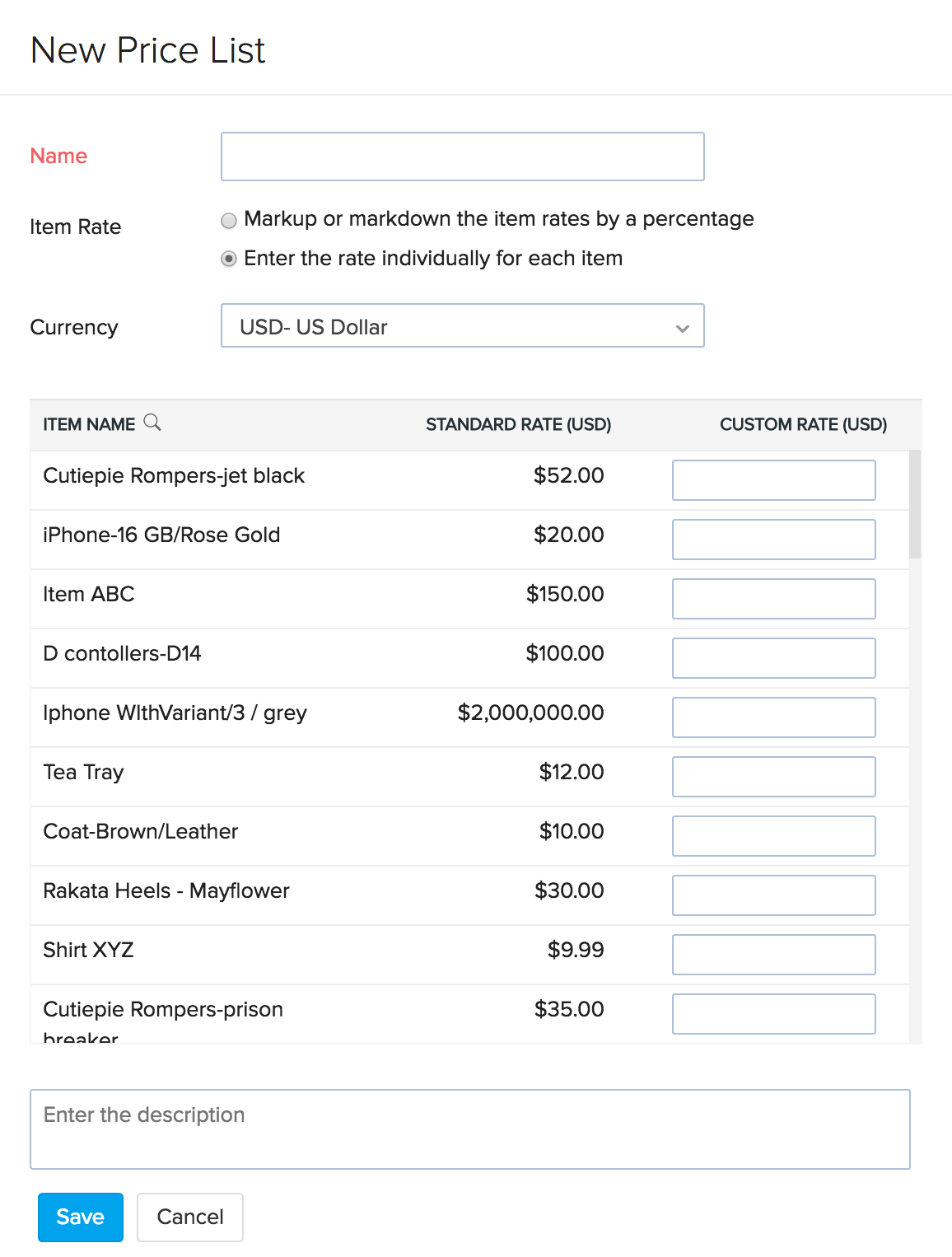 image of the new price list page - entering item rates individually