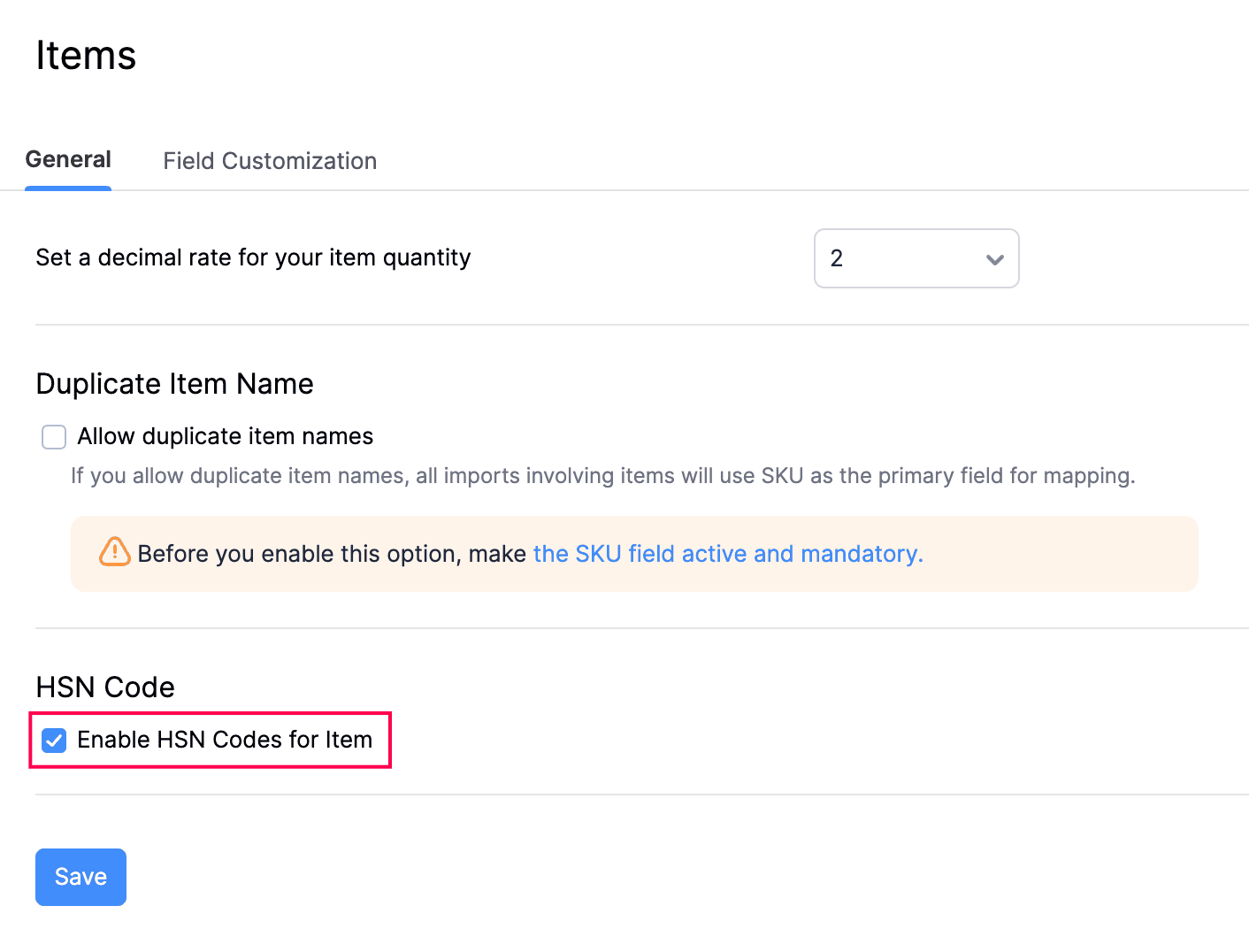 Enable HSN Codes