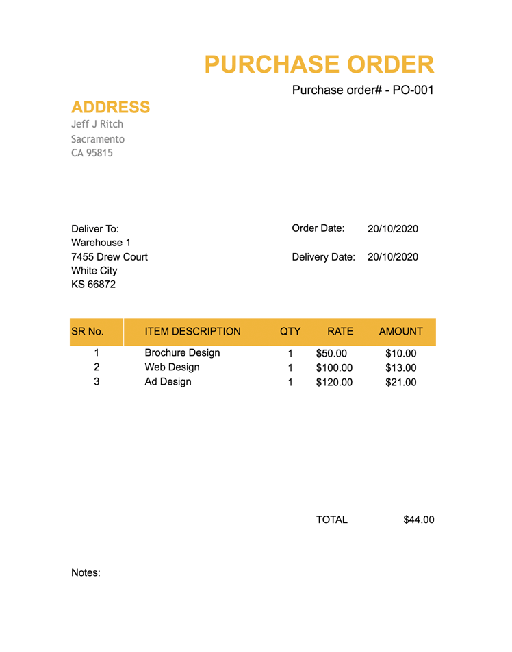 Simple Purchase Order Template | Purchase Order